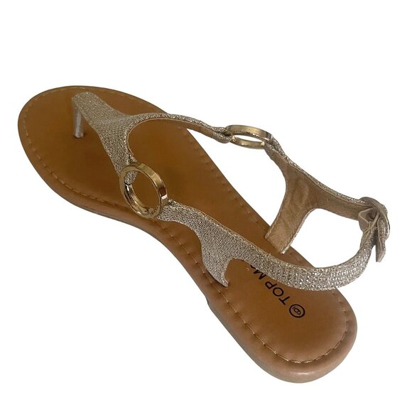 Top Moda Women's T-Strap Buckle Metallic O-Ring Accent Thong Champagne Flats - Picture 5 of 8